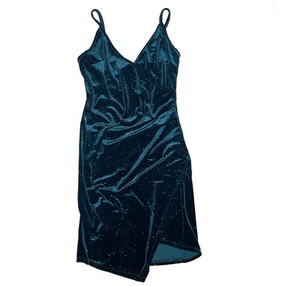 Windsor Dresses Asymmetrical Green Velvet Glitter Strappy Dress